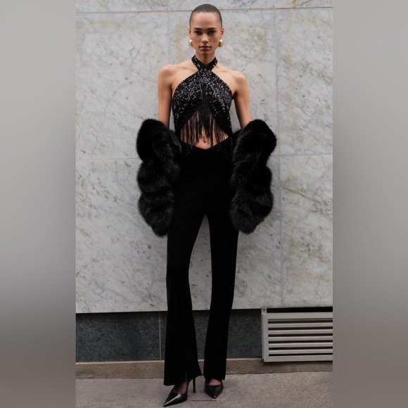 NEW ZARA FRINGED SEQUIN HALTER NECK JUMPSUIT